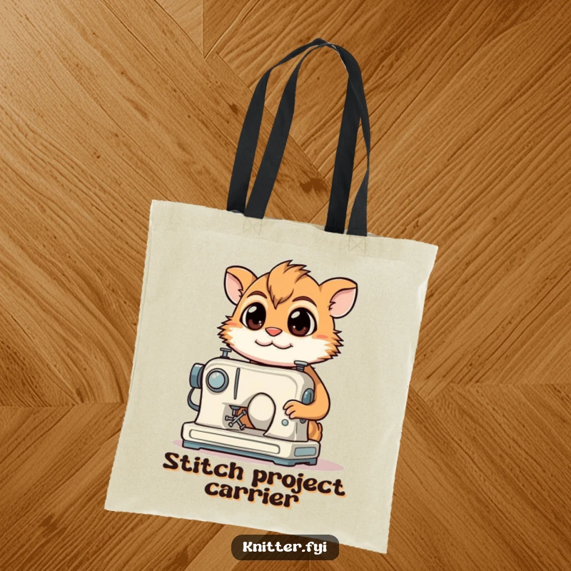 Funny Tote Bag: A determined creature with focused eyes smiles while sewing on a miniature machine, ready for projects.