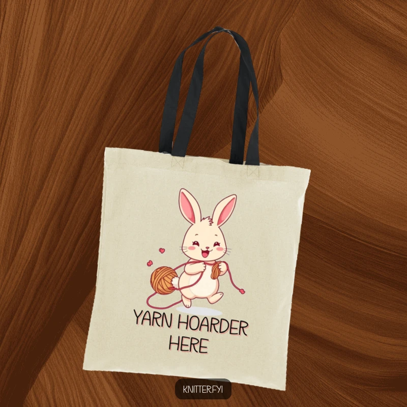 Funny rabbit tote bag, a cheerful bunny with yarn trailing, hopping playfully while knitting, practical and cute.